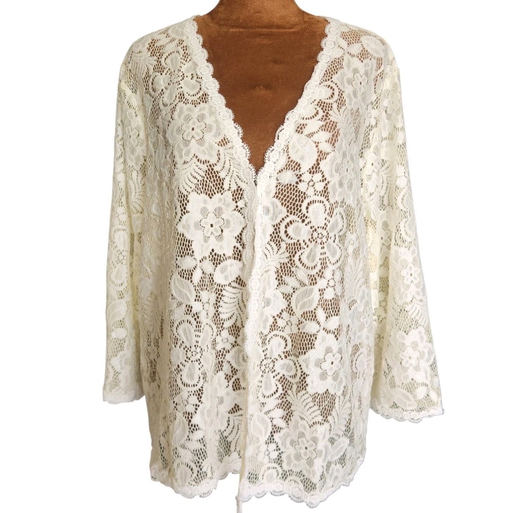 NWT Women's Sheer Lace Cardigan Size XL Neutral Long Sleeve Topper Jacket